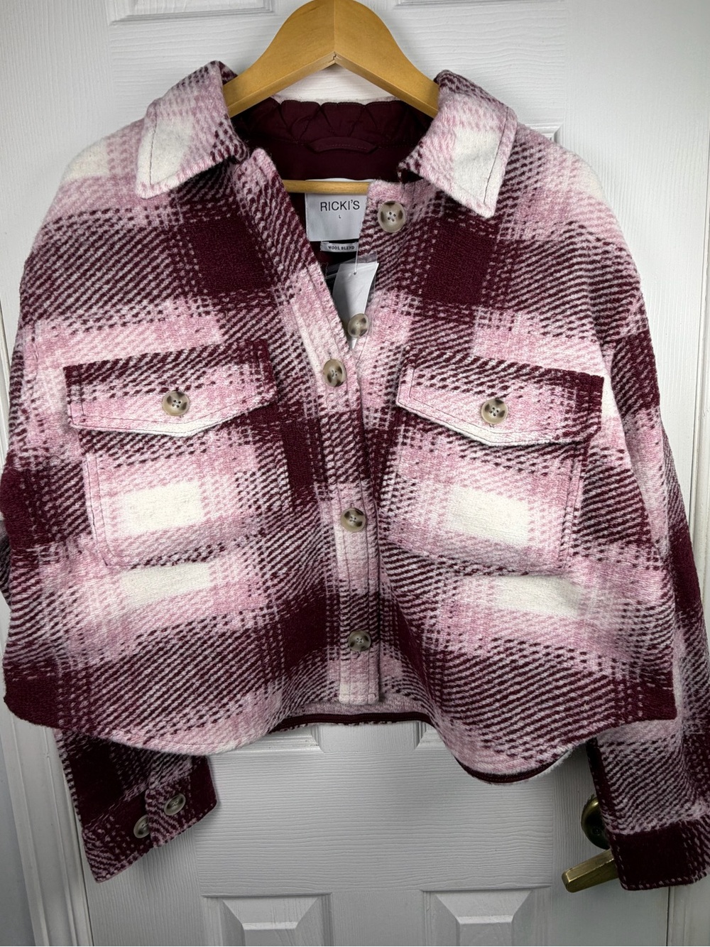 Ricki's Pink Burgundy Plaid Wool Shacket L Cropped Jacket Cottagecore Cabincore